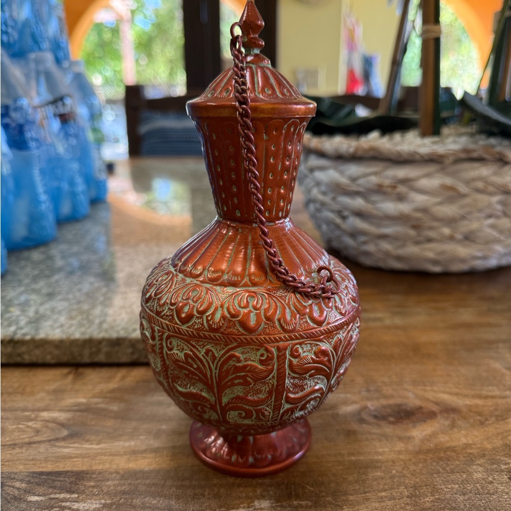 Vintage Copper and Green Jeanie bottle 8 inch H. 4,inch wide . Available 3 - Picture 3 of 3